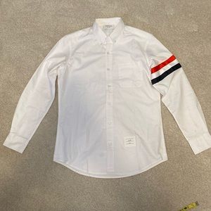 Thom Begg New York white dress shirt with red white and blue stripes on sleeve